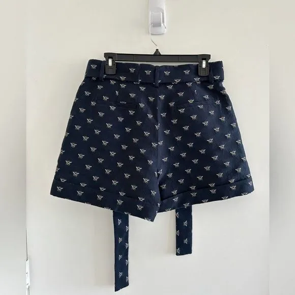 J. Crew High Waisted Navy Shorts With Bee Embroidery &amp; Tie Belt Size 8 EUC