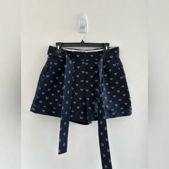 J. Crew High Waisted Navy Shorts With Bee Embroidery &amp; Tie Belt Size 8 EUC