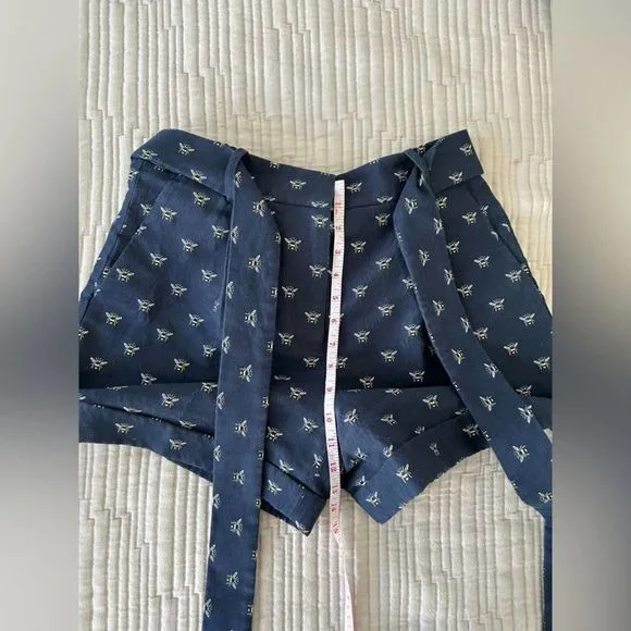J. Crew High Waisted Navy Shorts With Bee Embroidery &amp; Tie Belt Size 8 EUC
