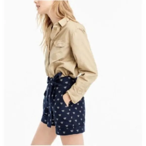 J. Crew High Waisted Navy Shorts With Bee Embroidery &amp; Tie Belt Size 8 EUC