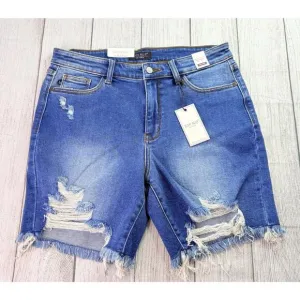 Judy Blue Mid-Rise Fray Hem Distressed Denim Shorts Size XL JB15280MD