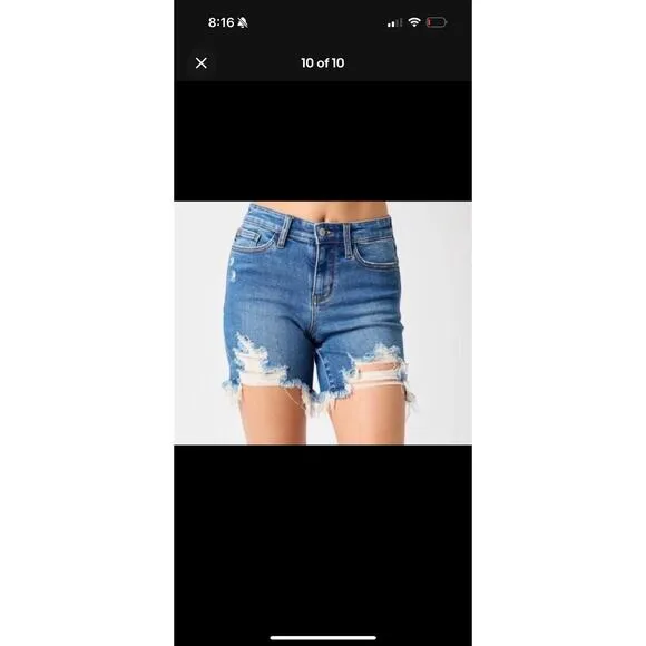 Judy Blue Mid-Rise Fray Hem Distressed Denim Shorts Size XL JB15280MD