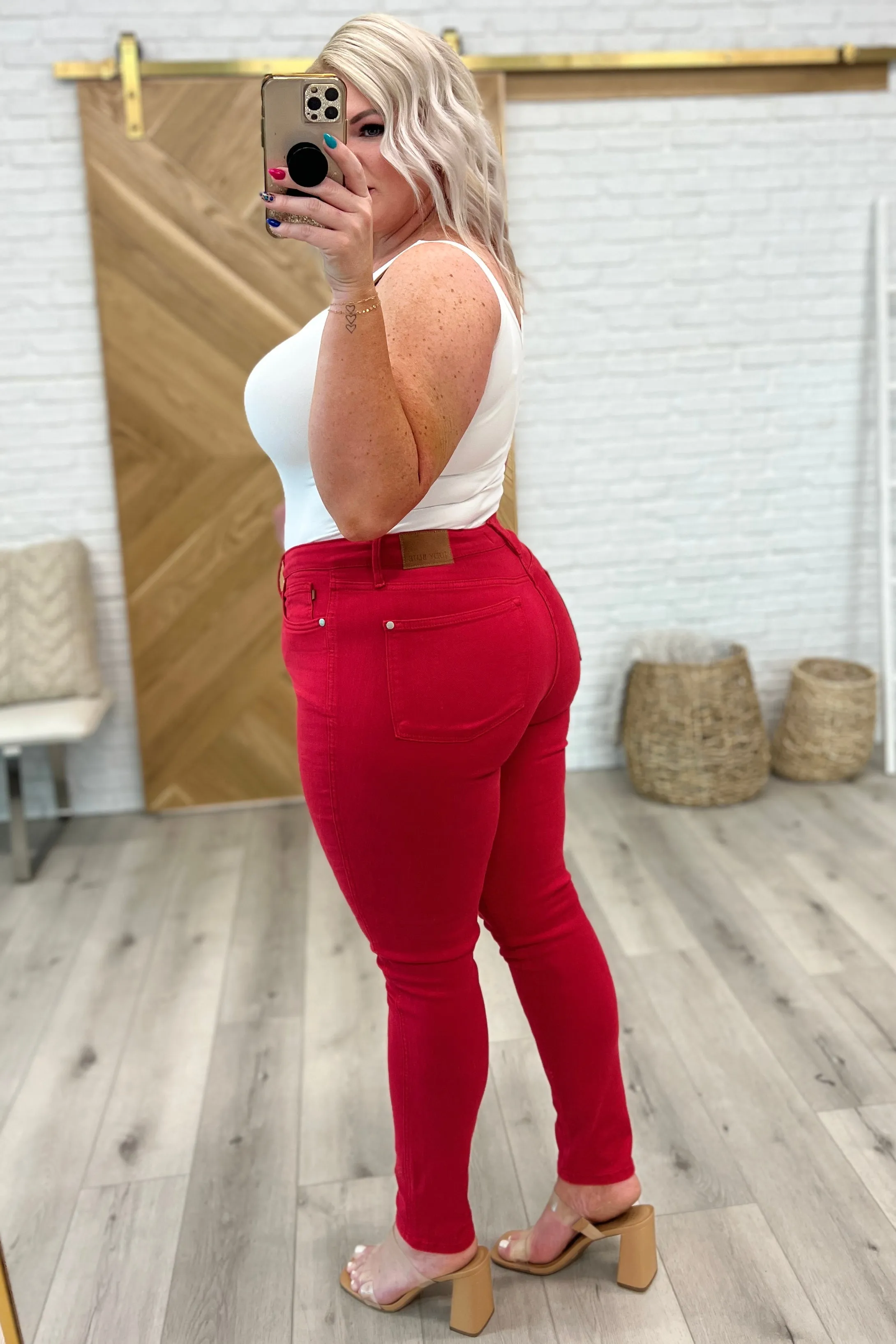 JUDY BLUE Ruby High Rise Control Top Garment Dyed Skinny Jeans in Red