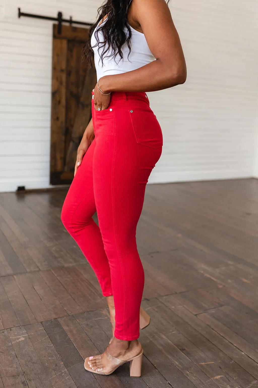 JUDY BLUE Ruby High Rise Control Top Garment Dyed Skinny Jeans in Red