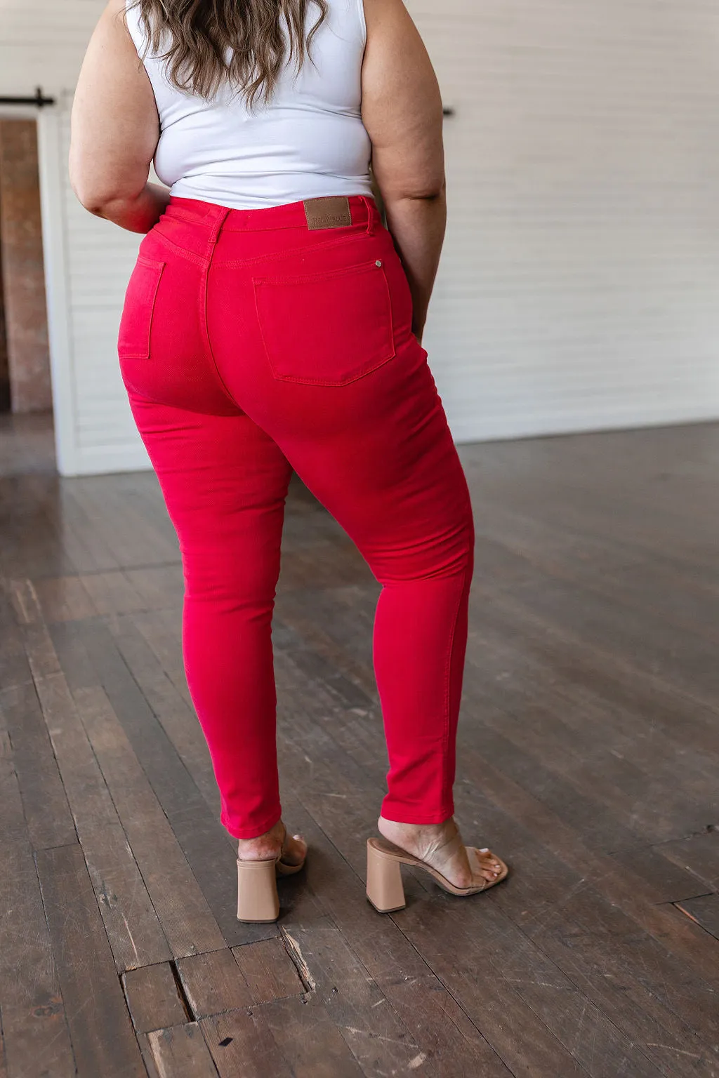 JUDY BLUE Ruby High Rise Control Top Garment Dyed Skinny Jeans in Red