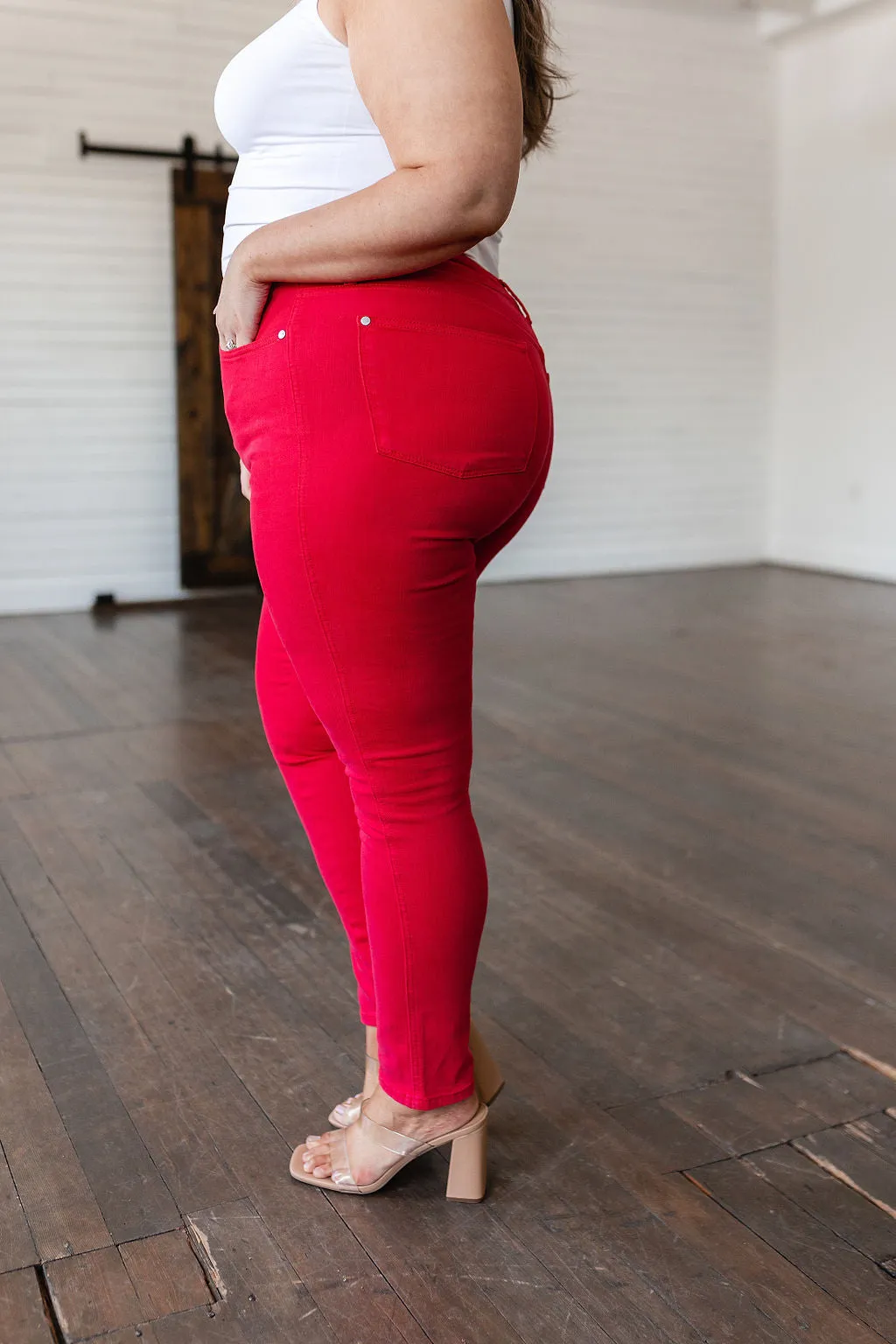 JUDY BLUE Ruby High Rise Control Top Garment Dyed Skinny Jeans in Red