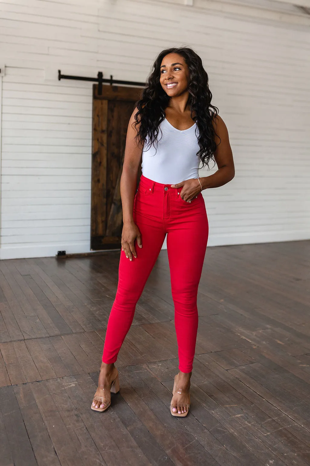JUDY BLUE Ruby High Rise Control Top Garment Dyed Skinny Jeans in Red