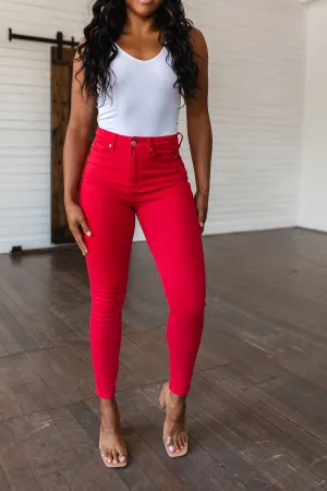 JUDY BLUE Ruby High Rise Control Top Garment Dyed Skinny Jeans in Red
