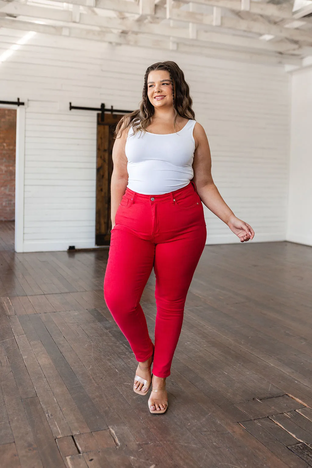 JUDY BLUE Ruby High Rise Control Top Garment Dyed Skinny Jeans in Red