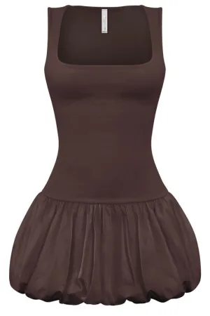JUST A GIRL BUBBLE HEM DRESS - CHOCOLATE BROWN