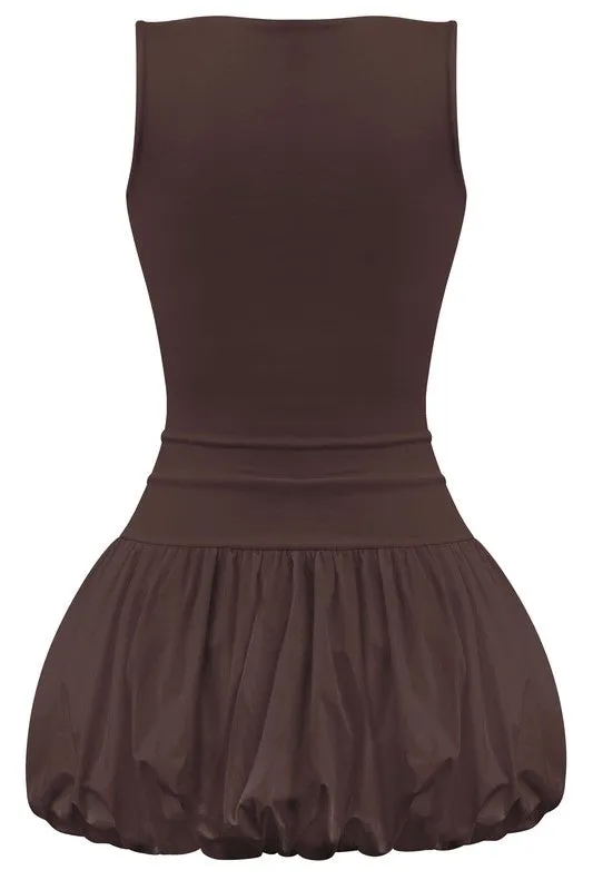 JUST A GIRL BUBBLE HEM DRESS - CHOCOLATE BROWN