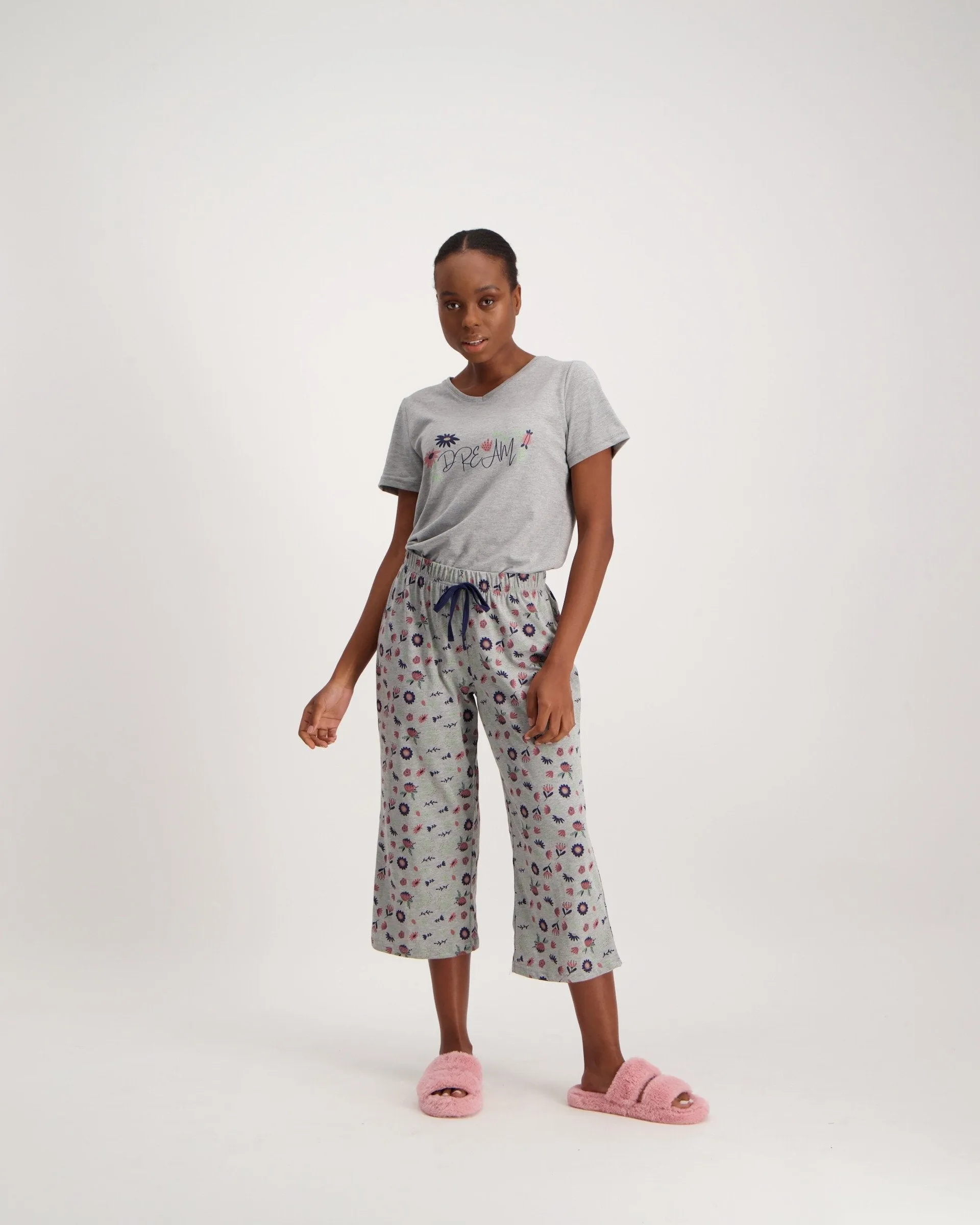 Ladies Flower Capri Sleep Bottoms - Grey