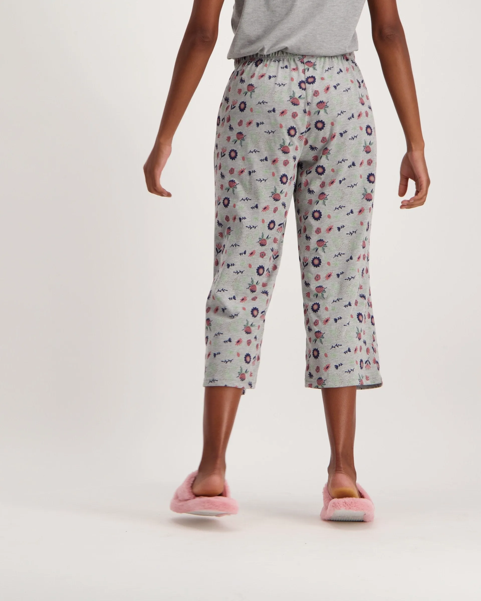 Ladies Flower Capri Sleep Bottoms - Grey