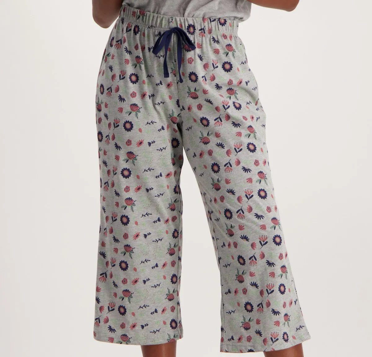 Ladies Flower Capri Sleep Bottoms - Grey