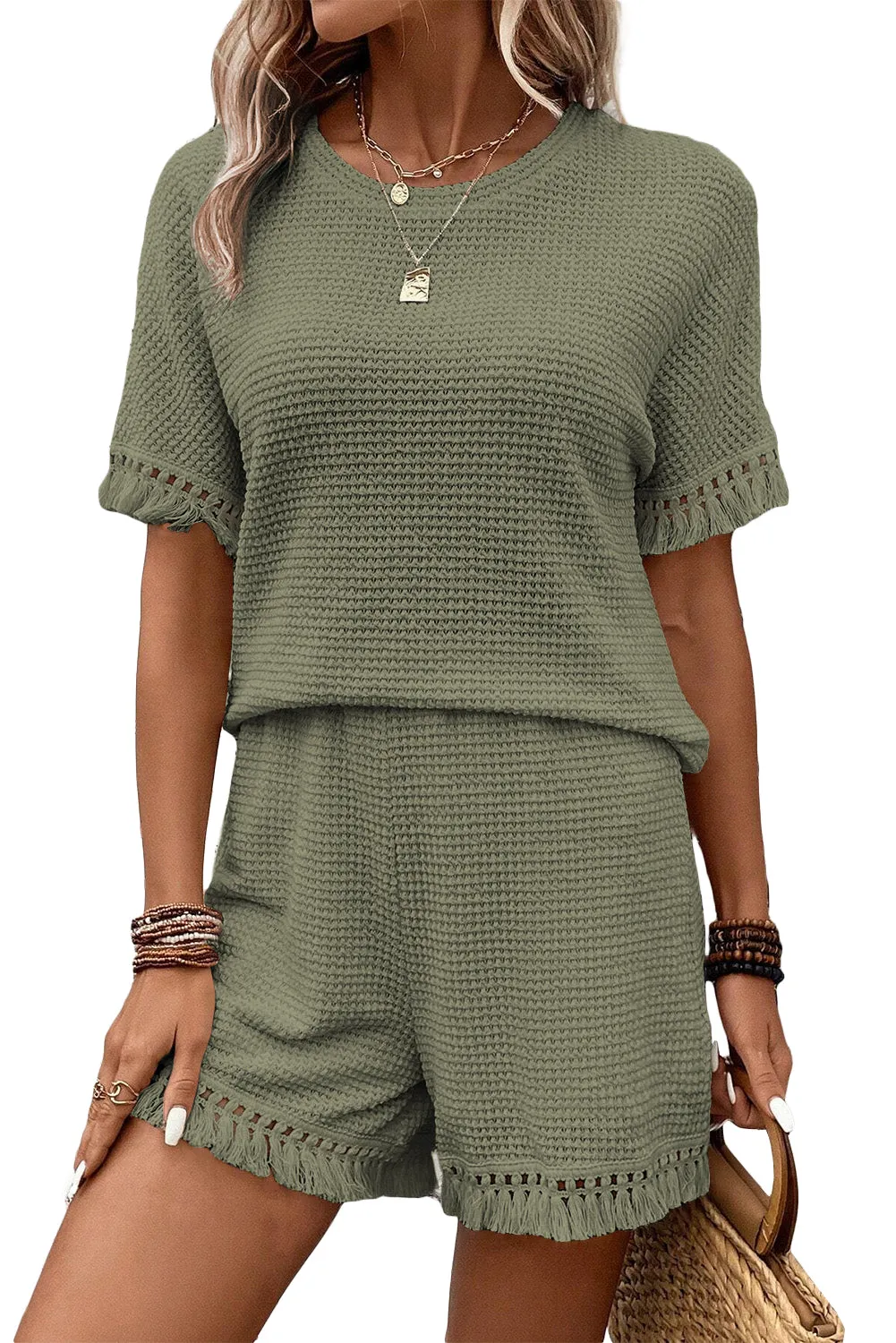 Laurel Green Fringe Trim Textured Short Two Piece Set