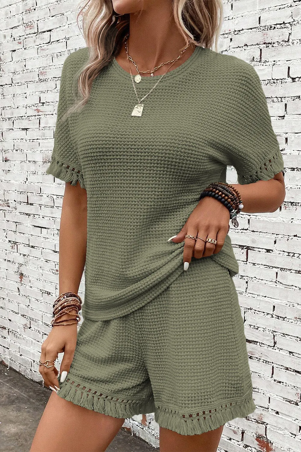 Laurel Green Fringe Trim Textured Short Two Piece Set