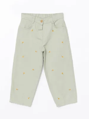 LCW Kids Green Embroidered Waist Adjustable Girls Trousers