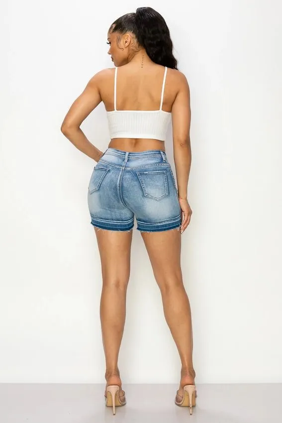Light Denim High Rise Button-Fly Shorts