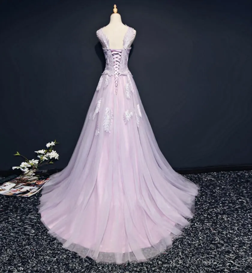 Lilac Cap Sleeve Straight Neckline Lace Long Evening Prom Dresses, Popular 2018 Party Prom Dresses, Custom Long Prom Dresses, Cheap Formal Prom Dresses, 17214