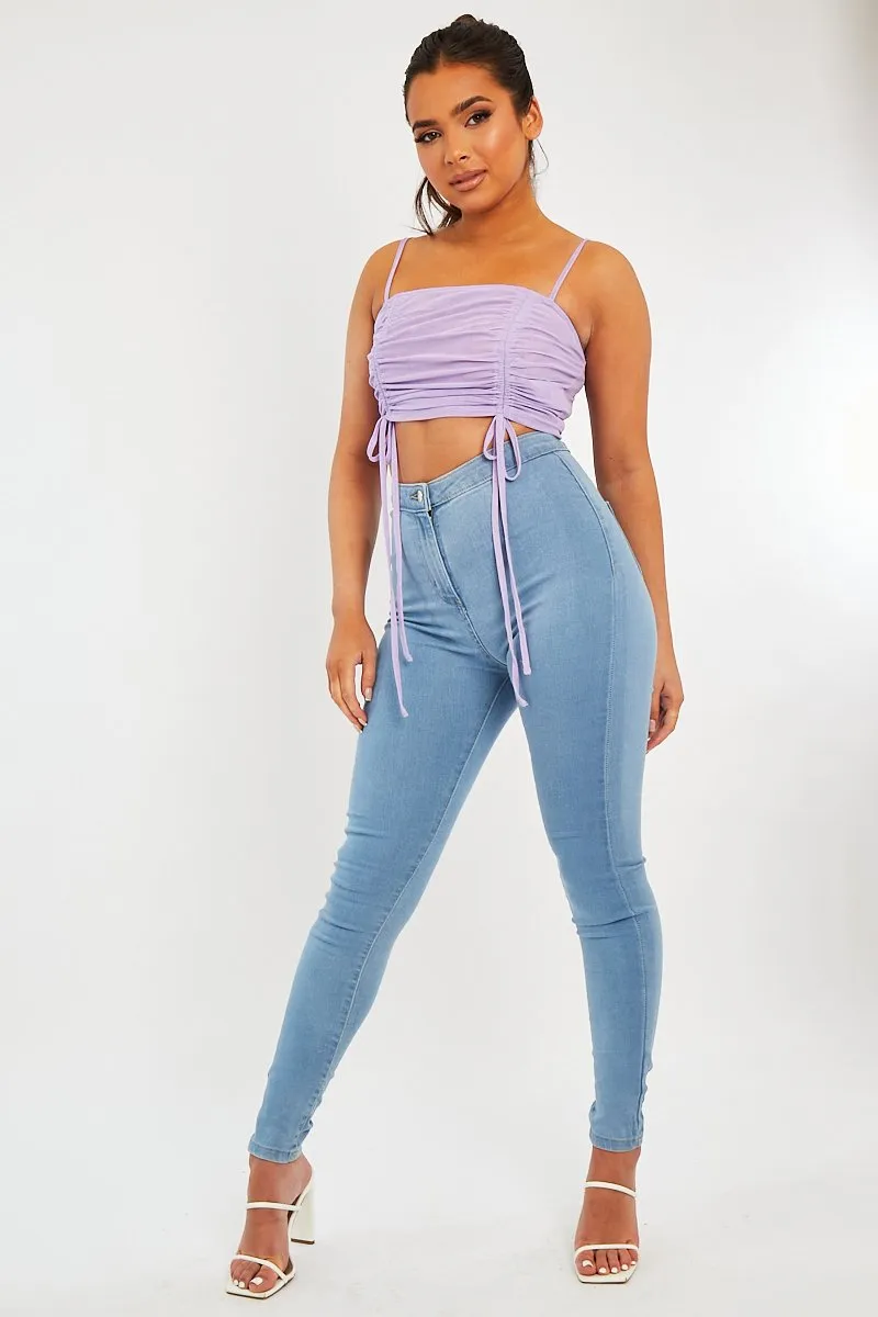 Lilac Mesh Ruched Square Neck Crop Top - Leyna
