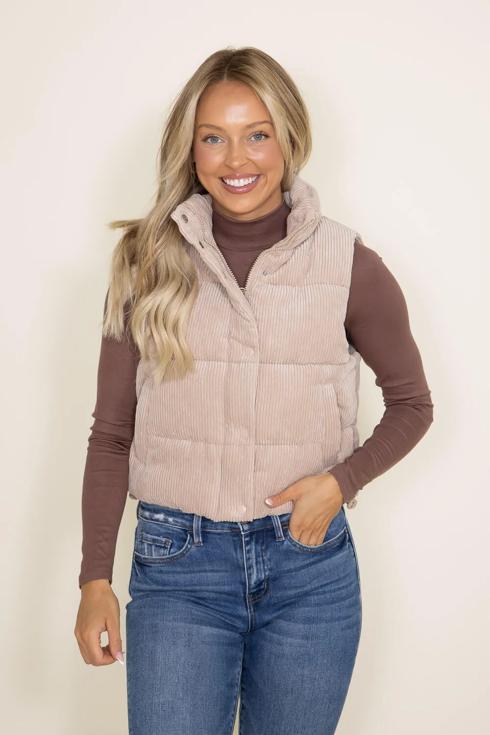 Love Tree Cropped Corduroy Puffer Vest for Women in Khaki | 5100VH-KHAKI