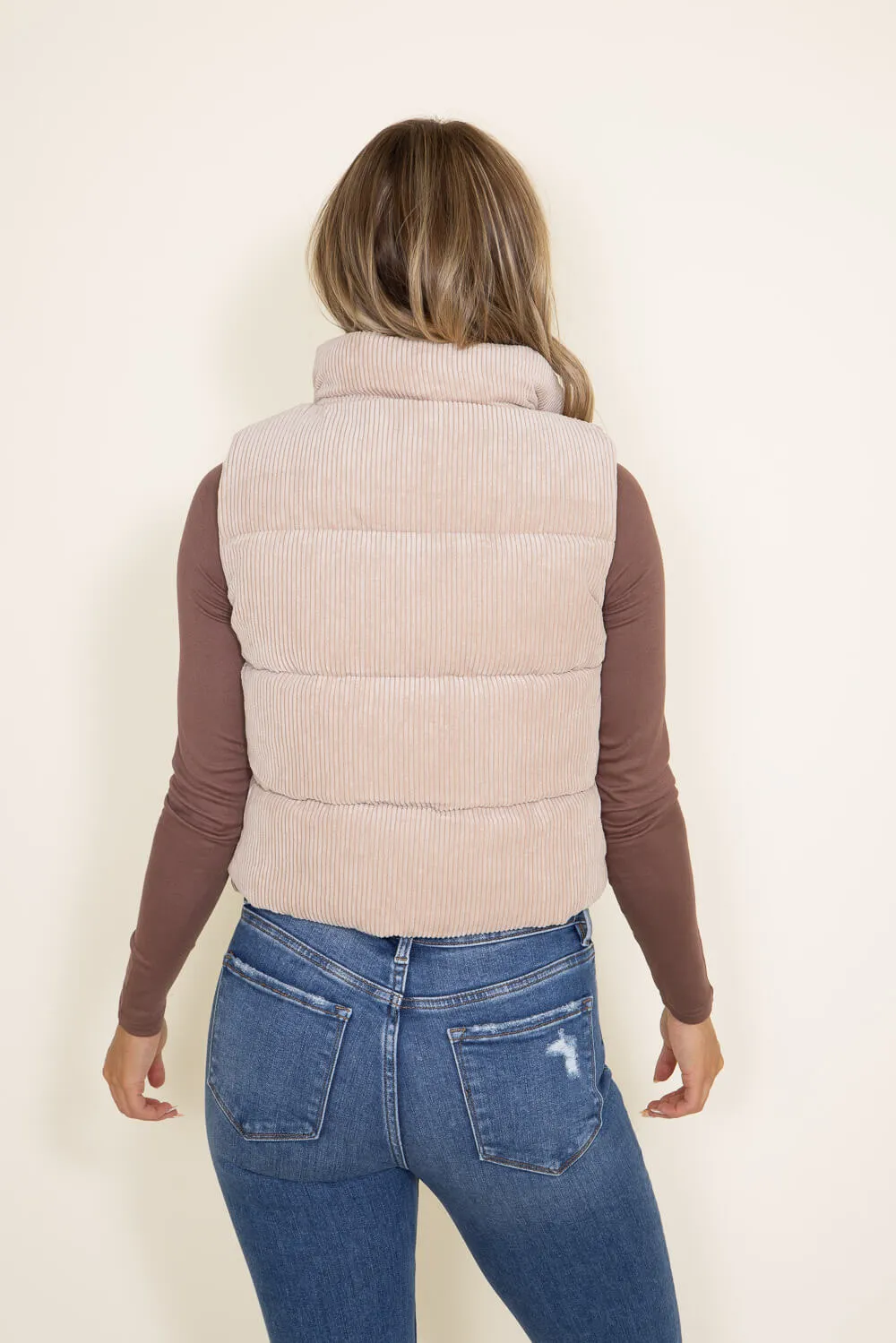 Love Tree Cropped Corduroy Puffer Vest for Women in Khaki | 5100VH-KHAKI