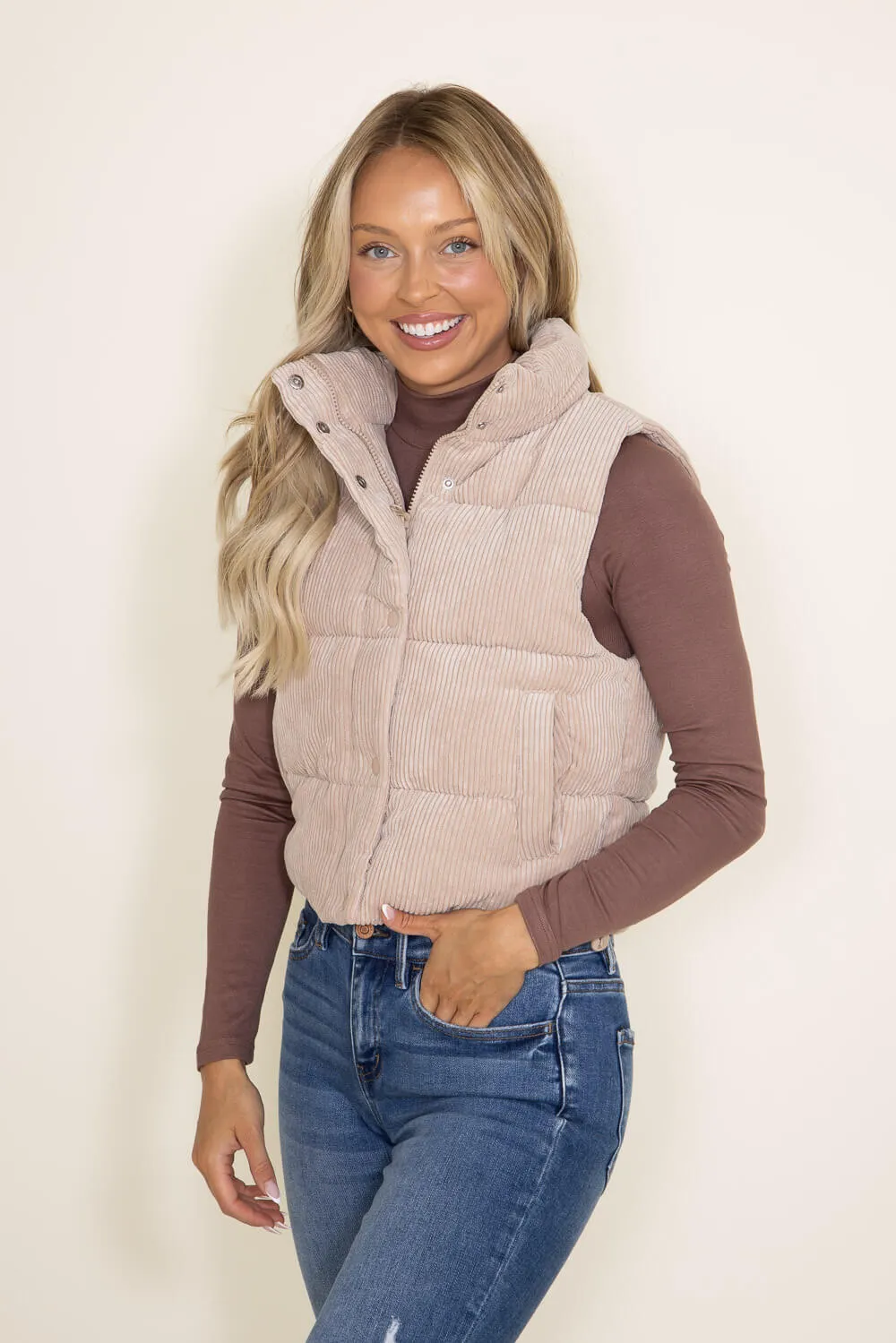 Love Tree Cropped Corduroy Puffer Vest for Women in Khaki | 5100VH-KHAKI