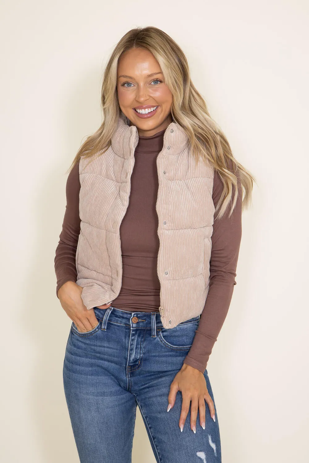Love Tree Cropped Corduroy Puffer Vest for Women in Khaki | 5100VH-KHAKI