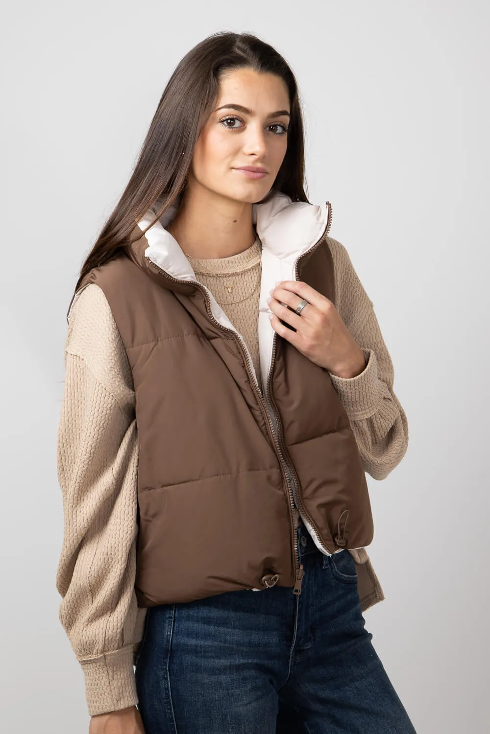Love Tree Cropped Reversible Puffer Vest for Women in Cocoa/Brown | 5070VY-COCOA