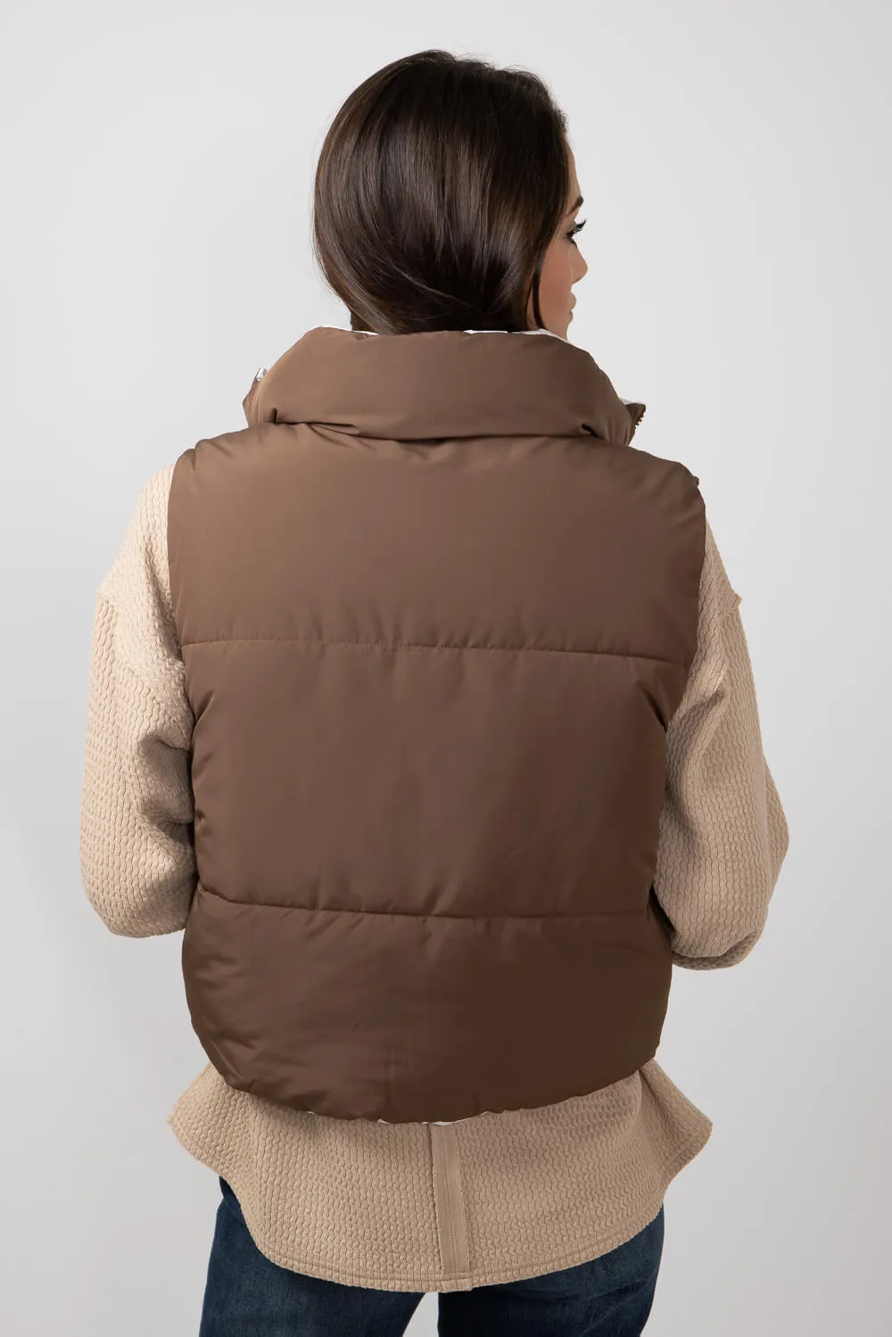 Love Tree Cropped Reversible Puffer Vest for Women in Cocoa/Brown | 5070VY-COCOA