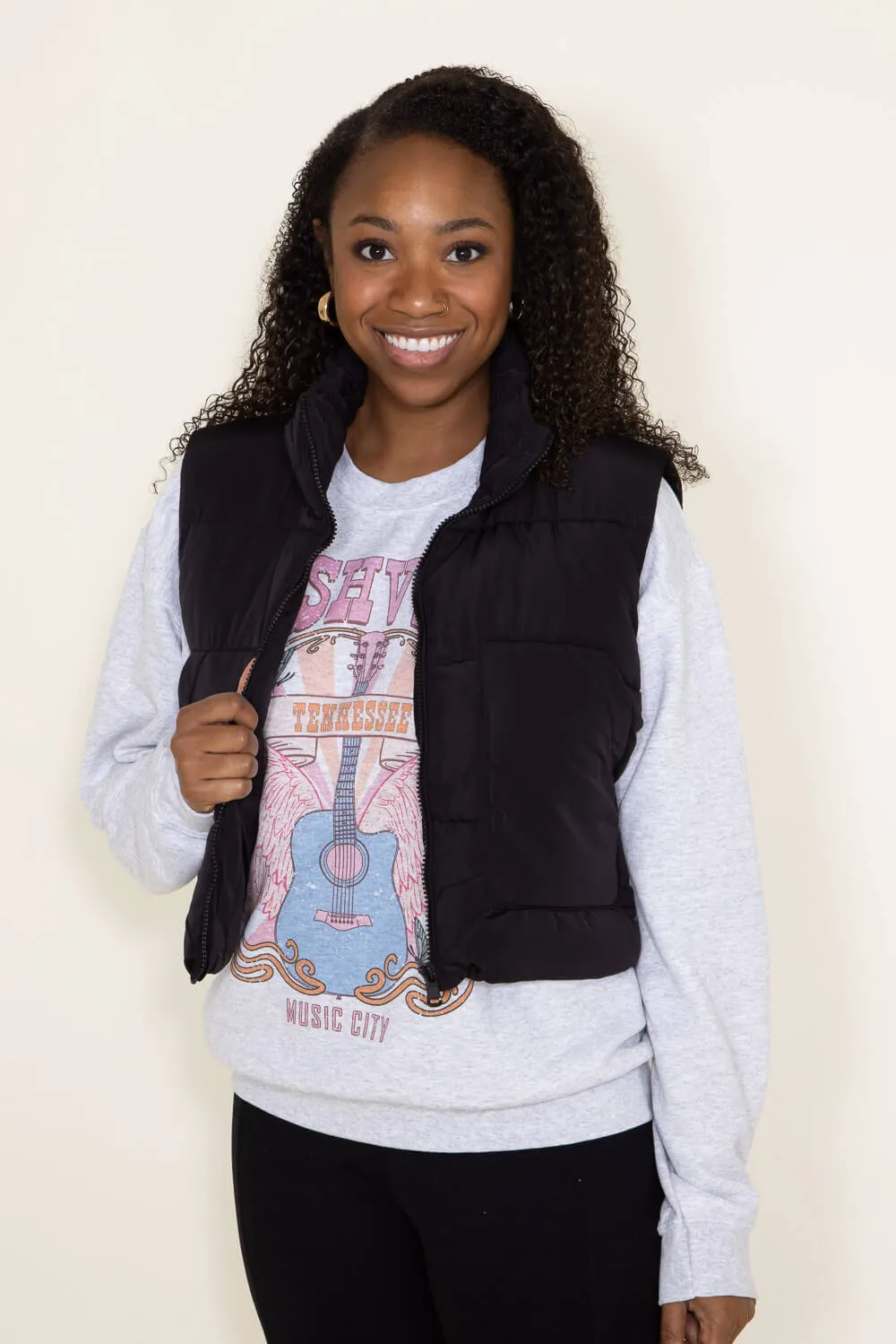 Love Tree Front Pocket Cropped Puffer Vest for Women in Black | 5073VM-BLACK