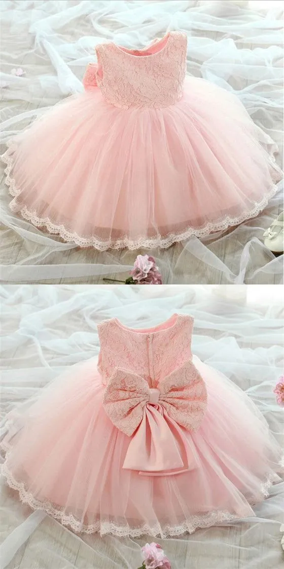 Lovely Pink Scoop Neckline Zipper Up Lace Top Ball Gown For Flower Girl Dresses, TYP1093