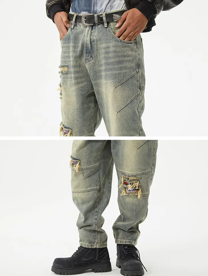 Men's Frayed and Patched Washed Cotton Jeans for a Retro Look