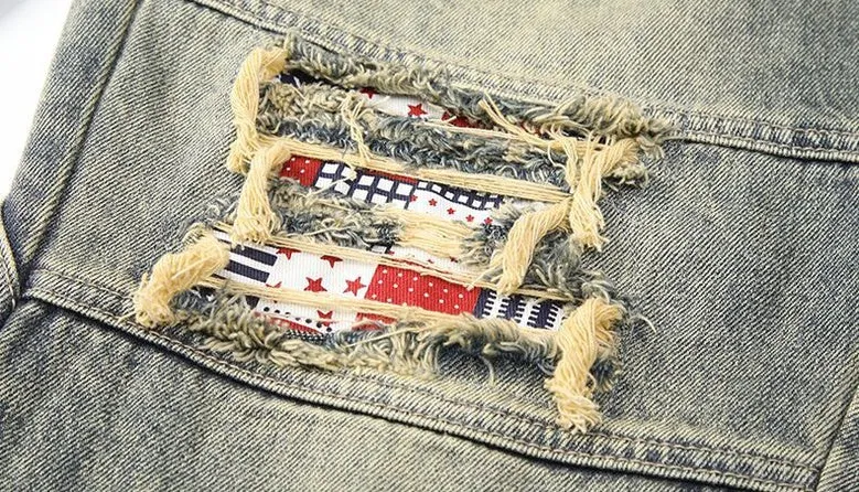 Men's Frayed and Patched Washed Cotton Jeans for a Retro Look