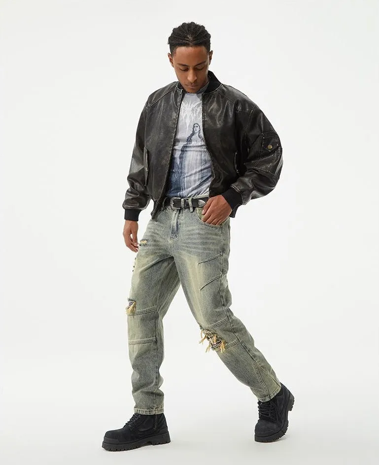 Men's Frayed and Patched Washed Cotton Jeans for a Retro Look