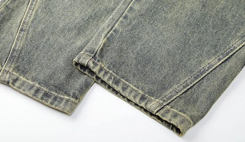 Men's Frayed and Patched Washed Cotton Jeans for a Retro Look