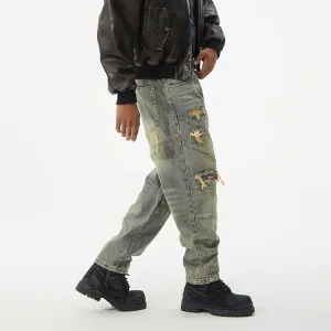 Men's Frayed and Patched Washed Cotton Jeans for a Retro Look