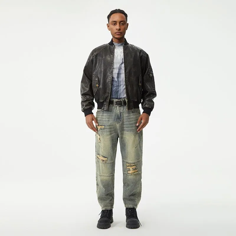Men's Frayed and Patched Washed Cotton Jeans for a Retro Look
