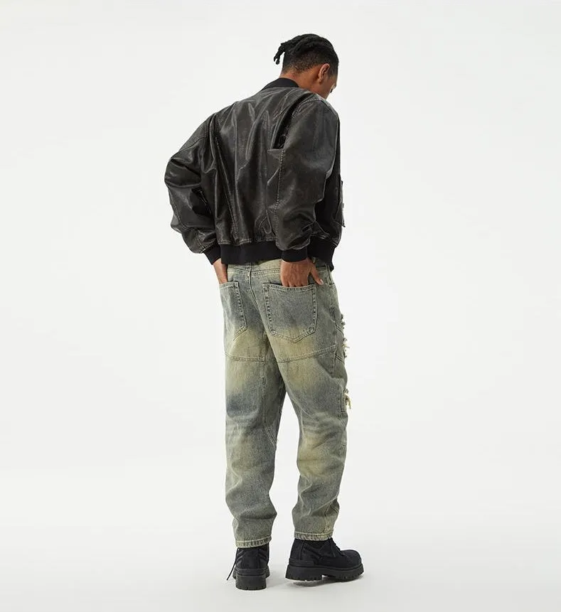 Men's Frayed and Patched Washed Cotton Jeans for a Retro Look