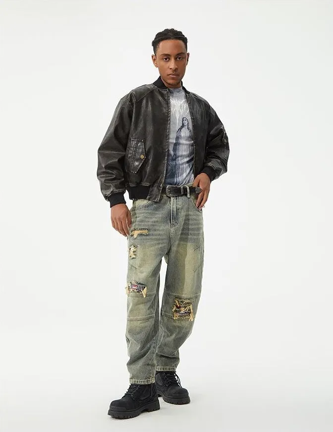 Men's Frayed and Patched Washed Cotton Jeans for a Retro Look
