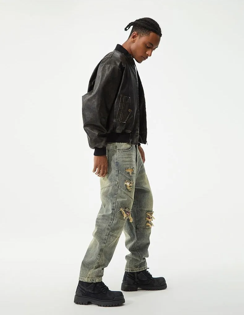 Men's Frayed and Patched Washed Cotton Jeans for a Retro Look