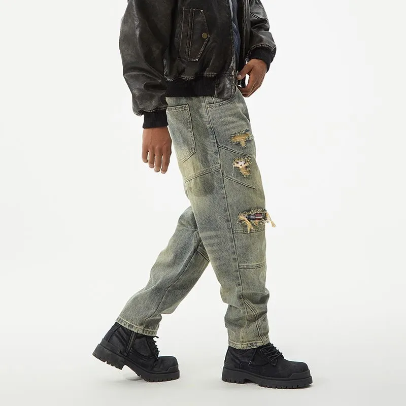 Men's Frayed and Patched Washed Cotton Jeans for a Retro Look