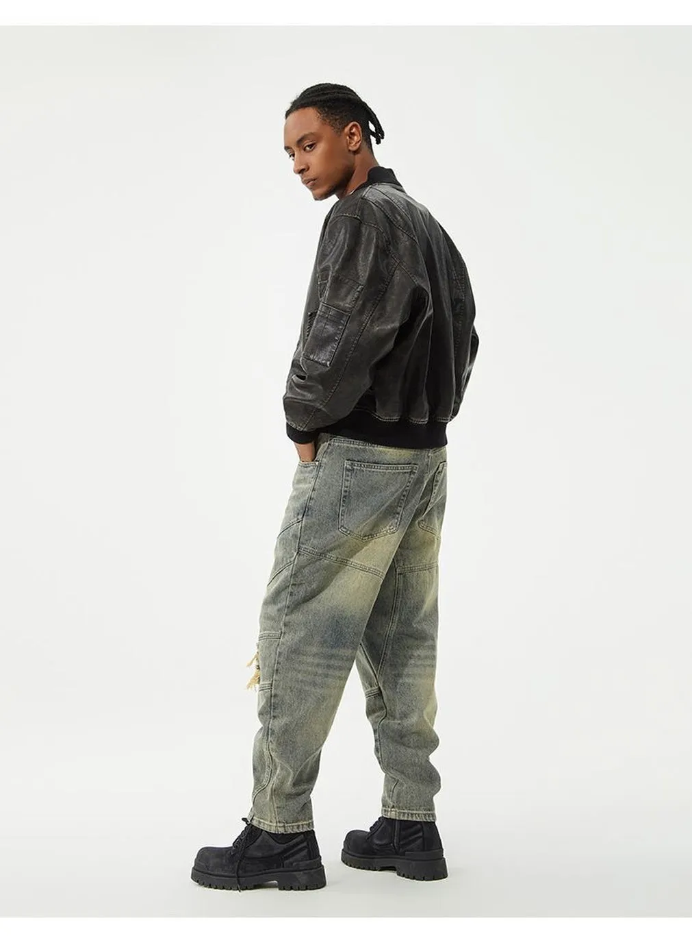 Men's Frayed and Patched Washed Cotton Jeans for a Retro Look