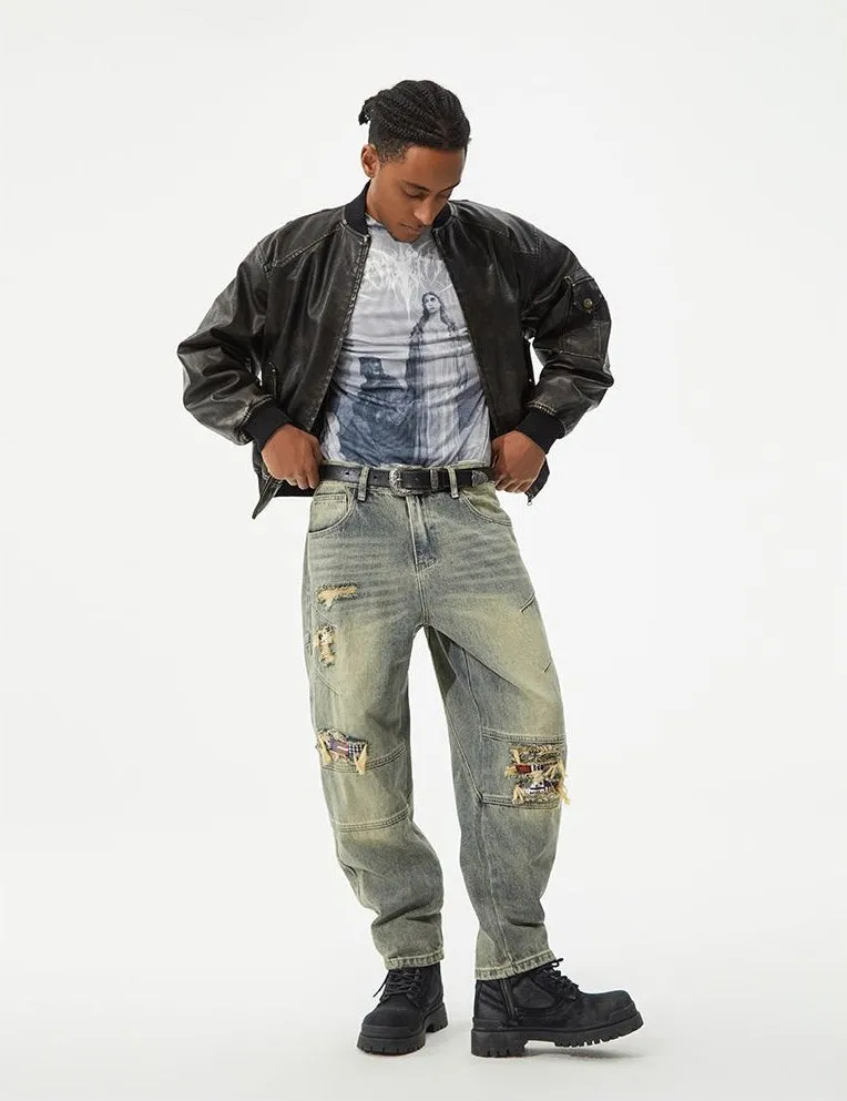 Men's Frayed and Patched Washed Cotton Jeans for a Retro Look