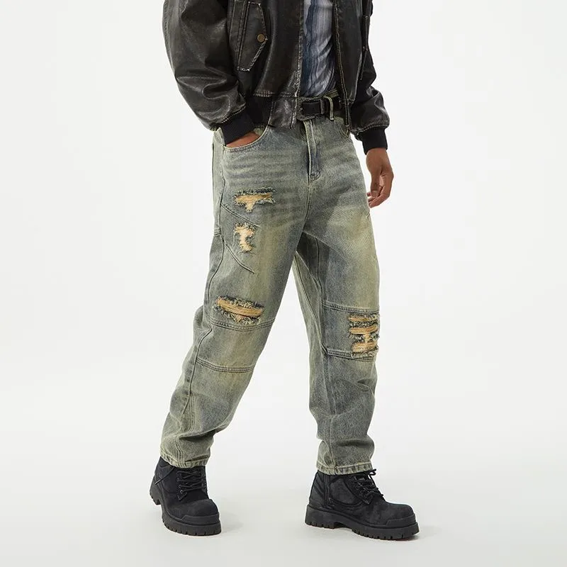 Men's Frayed and Patched Washed Cotton Jeans for a Retro Look