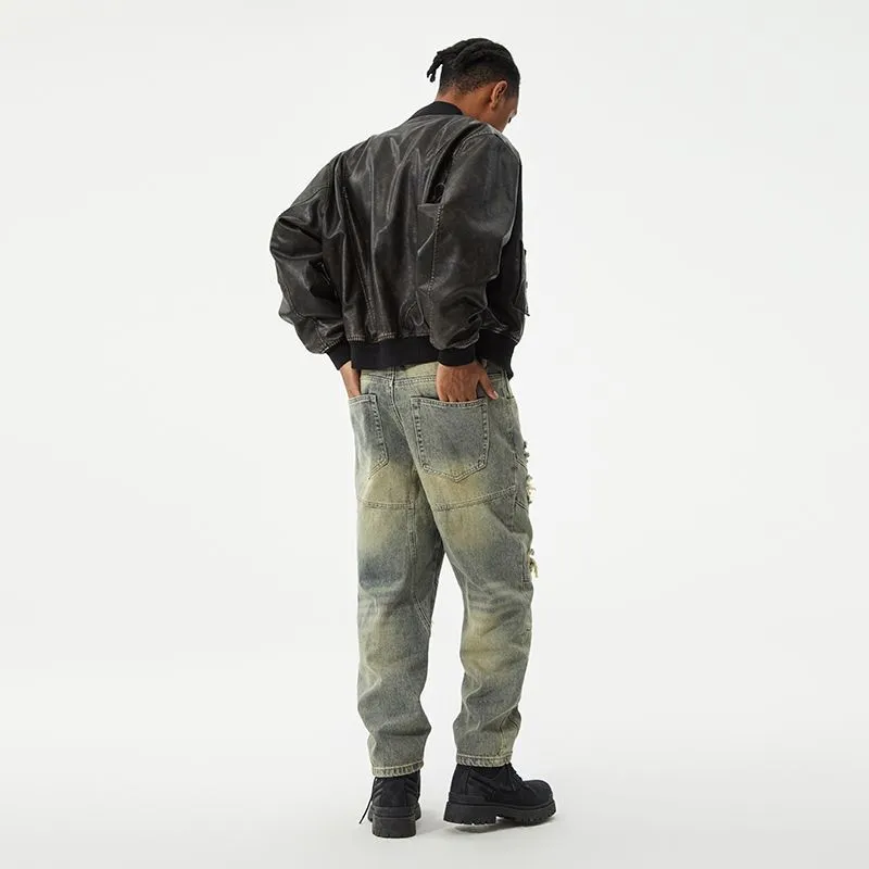 Men's Frayed and Patched Washed Cotton Jeans for a Retro Look