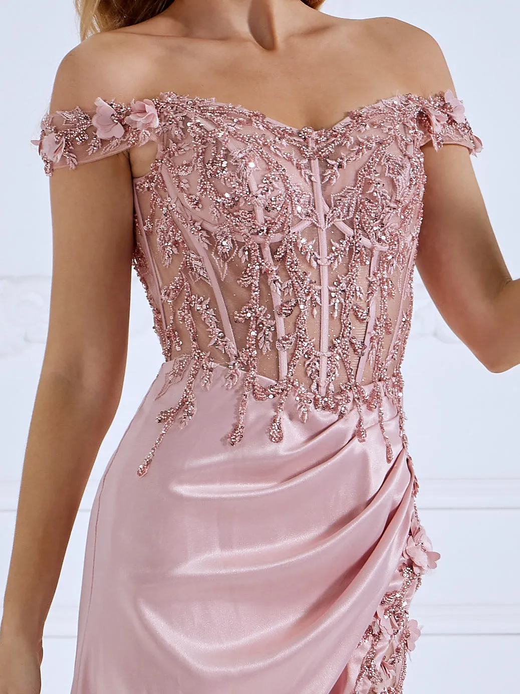 Mermaid V-Neck Floor Length Satin Prom Dresses with beads Lace #LT4396