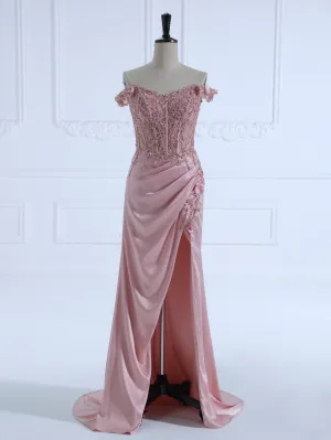 Mermaid V-Neck Floor Length Satin Prom Dresses with beads Lace #LT4396