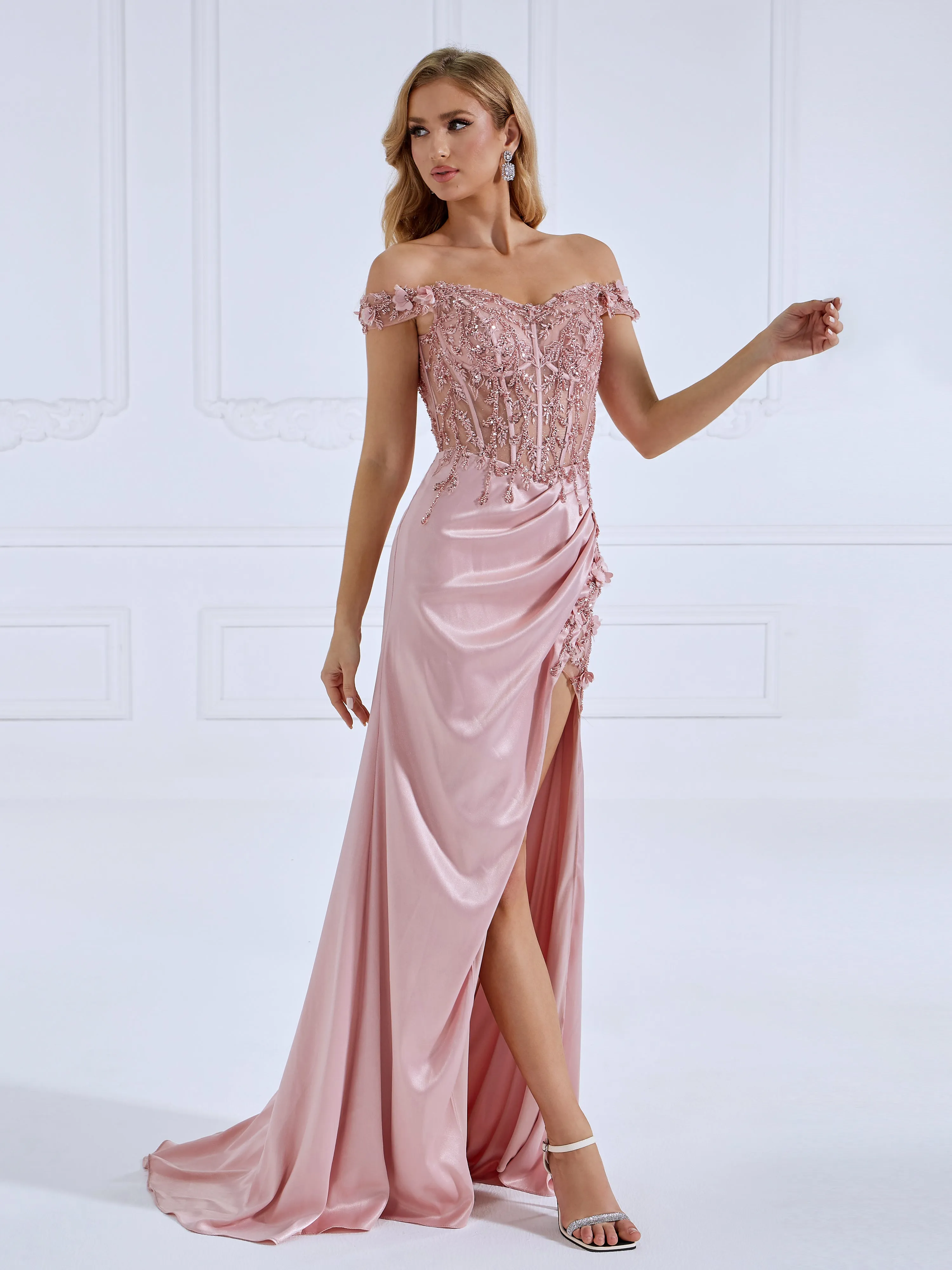 Mermaid V-Neck Floor Length Satin Prom Dresses with beads Lace #LT4396