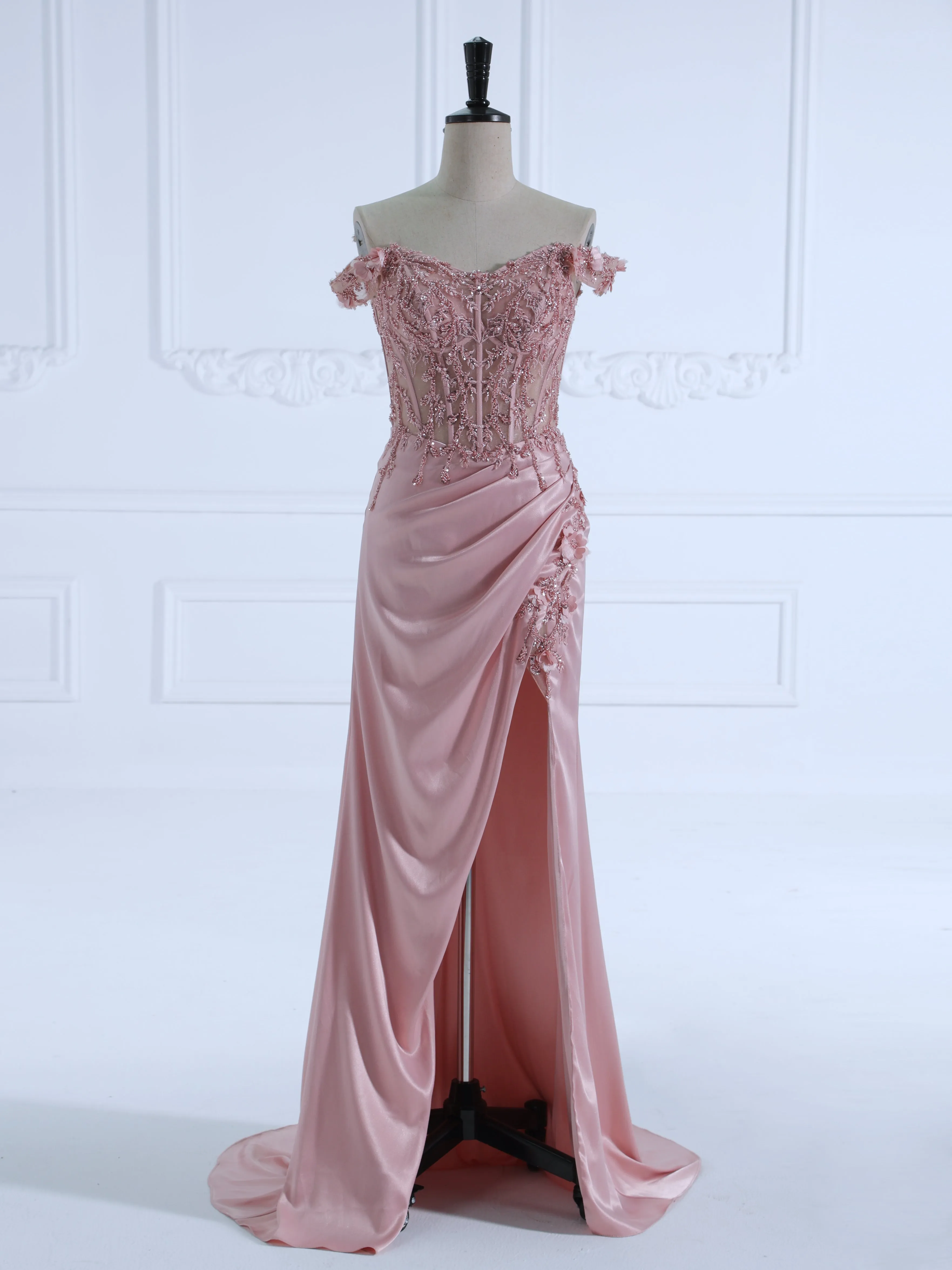 Mermaid V-Neck Floor Length Satin Prom Dresses with beads Lace #LT4396